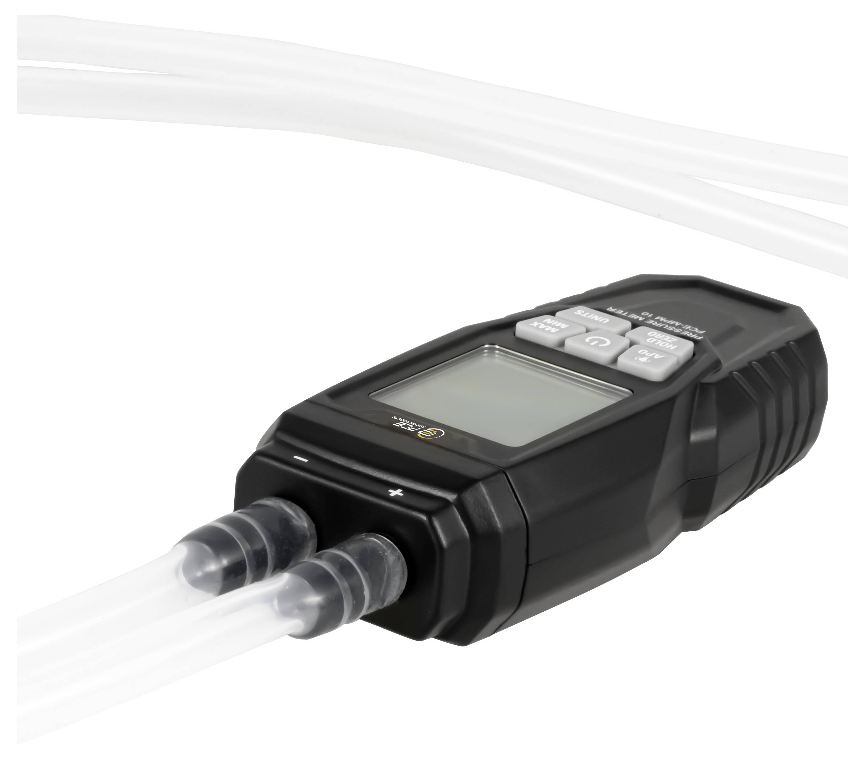 Draagbare handheld weersmeter met digitaal display en bedieningselementen, die luchtstroming meet via twee sensoren of poorten aan de voorzijde.