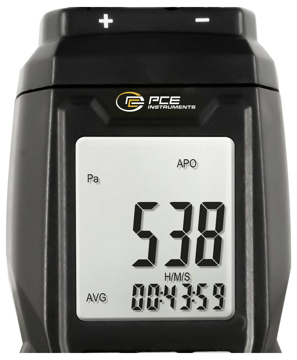 Digitale drukmanometer met weergave van 538 Pa, met gemiddelde 00:43:59 en zichtbare plus/min-regelaars.