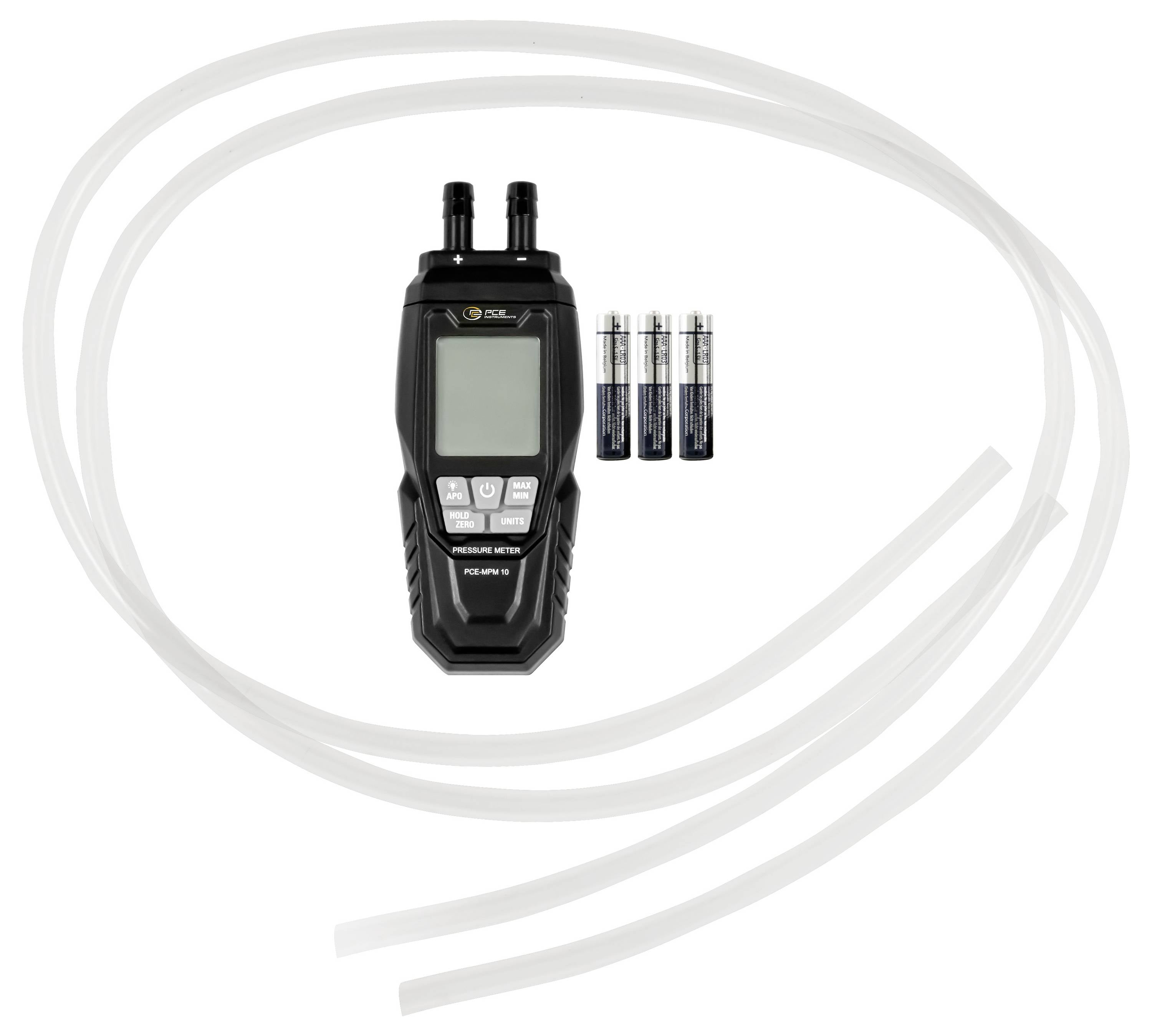 Handmoisturemeter met twee sondes en drie batterijen op een witte achtergrond.