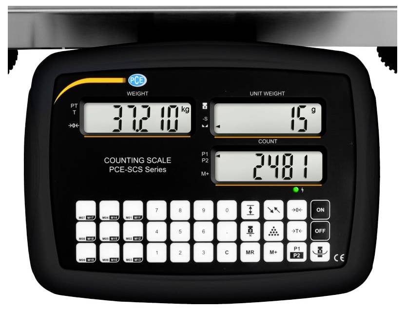 Digitale telweegschaal display met gewicht 37.210 kg, eenheidsgewicht 15 g en aantal 2481, met toetsenblok voor bediening eronder.