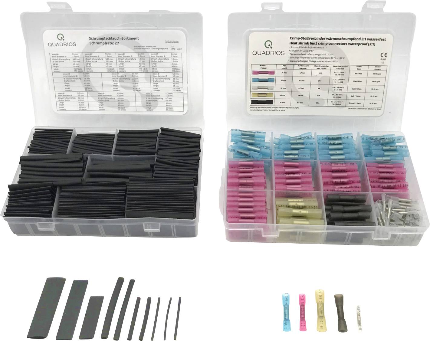 Twee geopende kunststof dozen: Links bevatten krimpkousen in verschillende maten. Rechts bevatten geïsoleerde verbindingsklemmen in verschillende kleuren.