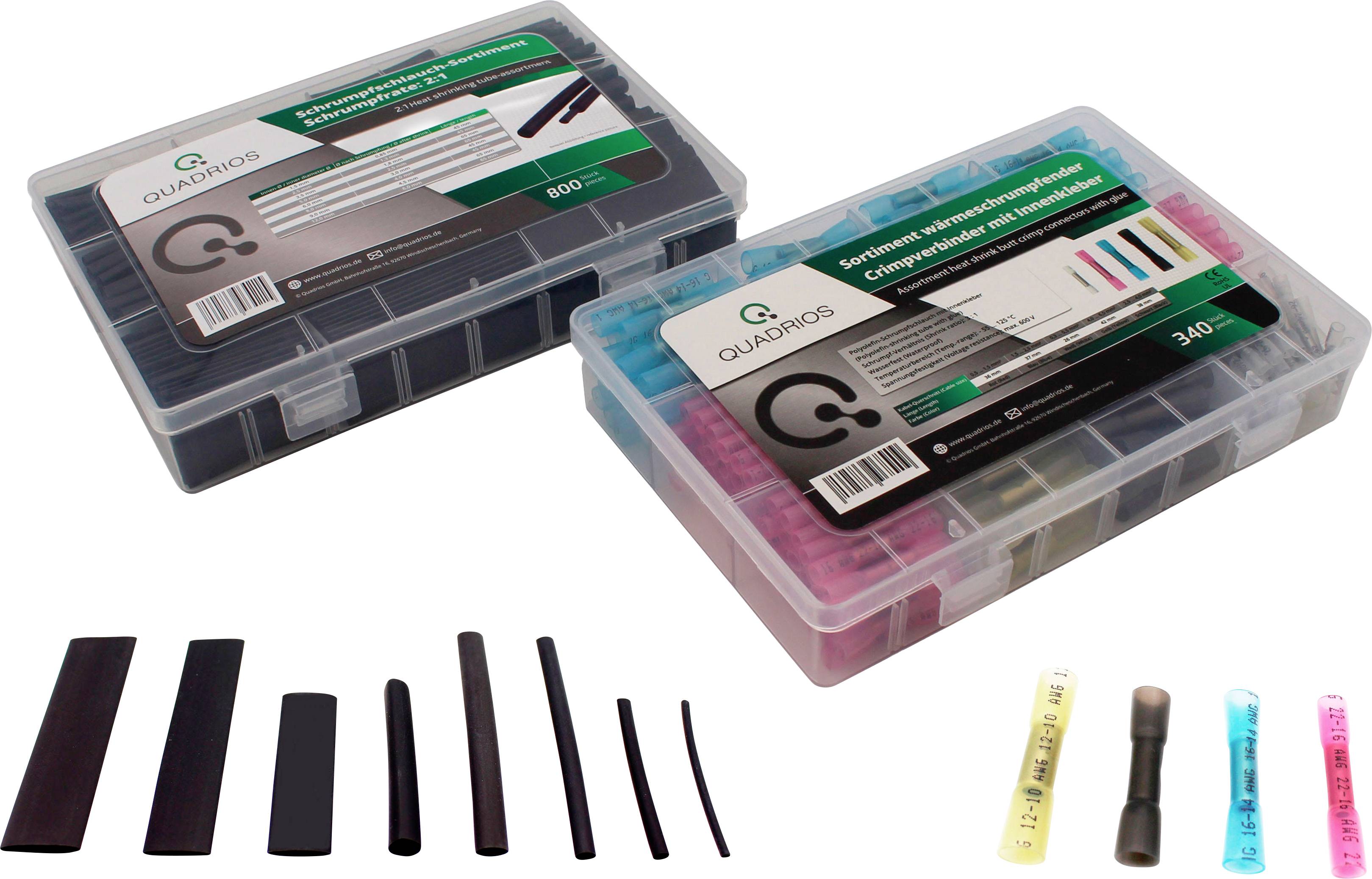 Twee kunststof dozen met assortimentsdoos voor krimpkousen en kabelverbinders, inclusief verschillende gekleurde krimpkousen.