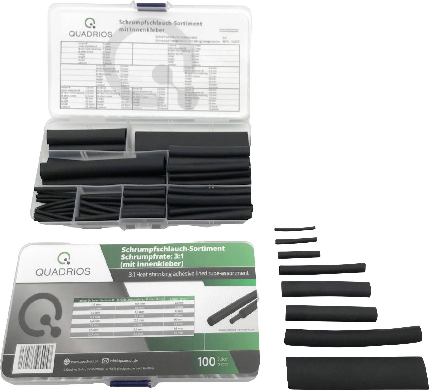 Krimpkous-assortiment in kunststof doos met 3:1 krimpverhouding, binnendiameter 3-20 mm. Ideaal voor kabelisolatie en reparaties.
