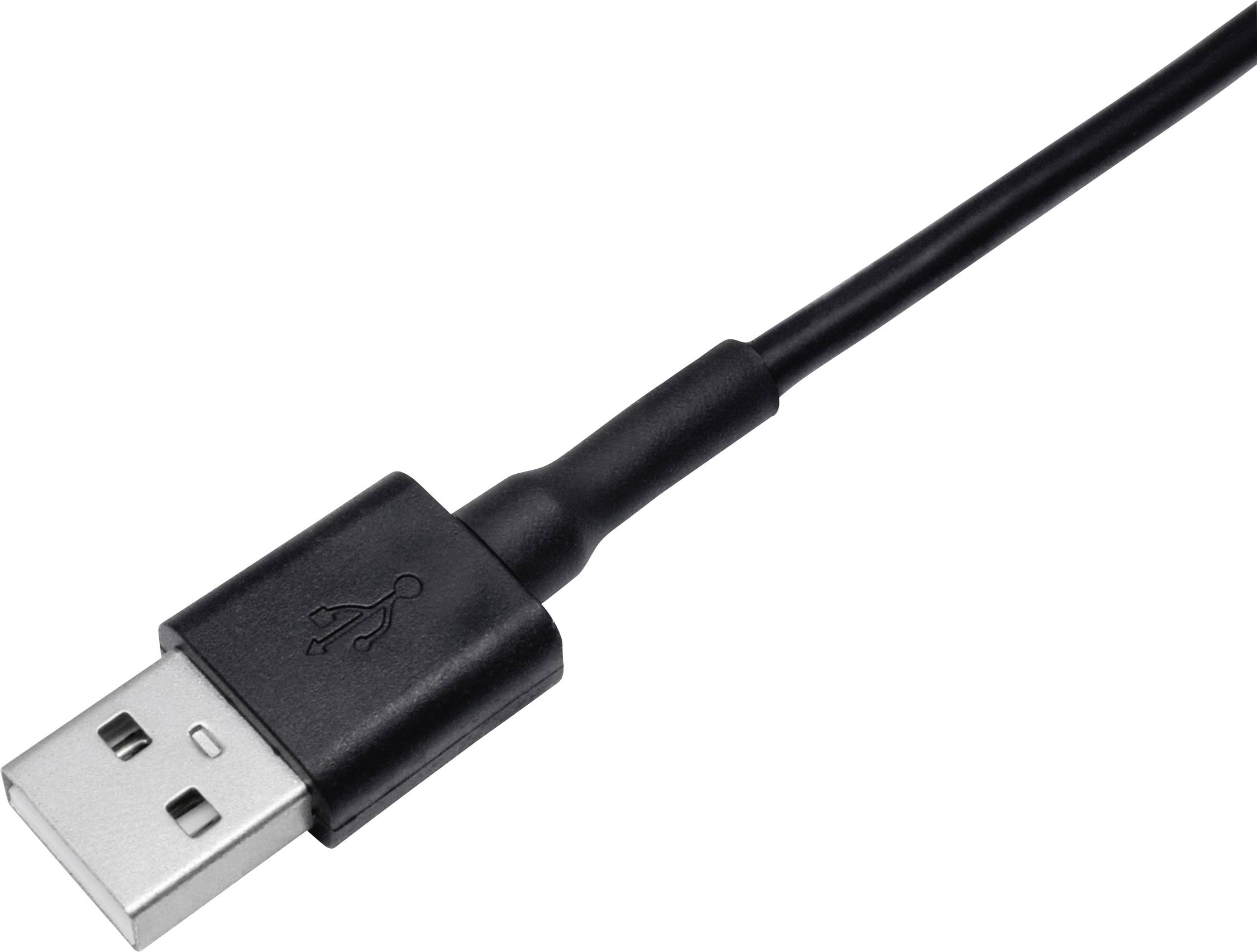 Zwart USB-kabel met rechthoekige stekker. De kabel wordt gebruikt om apparaten aan te sluiten op computers of opladers.