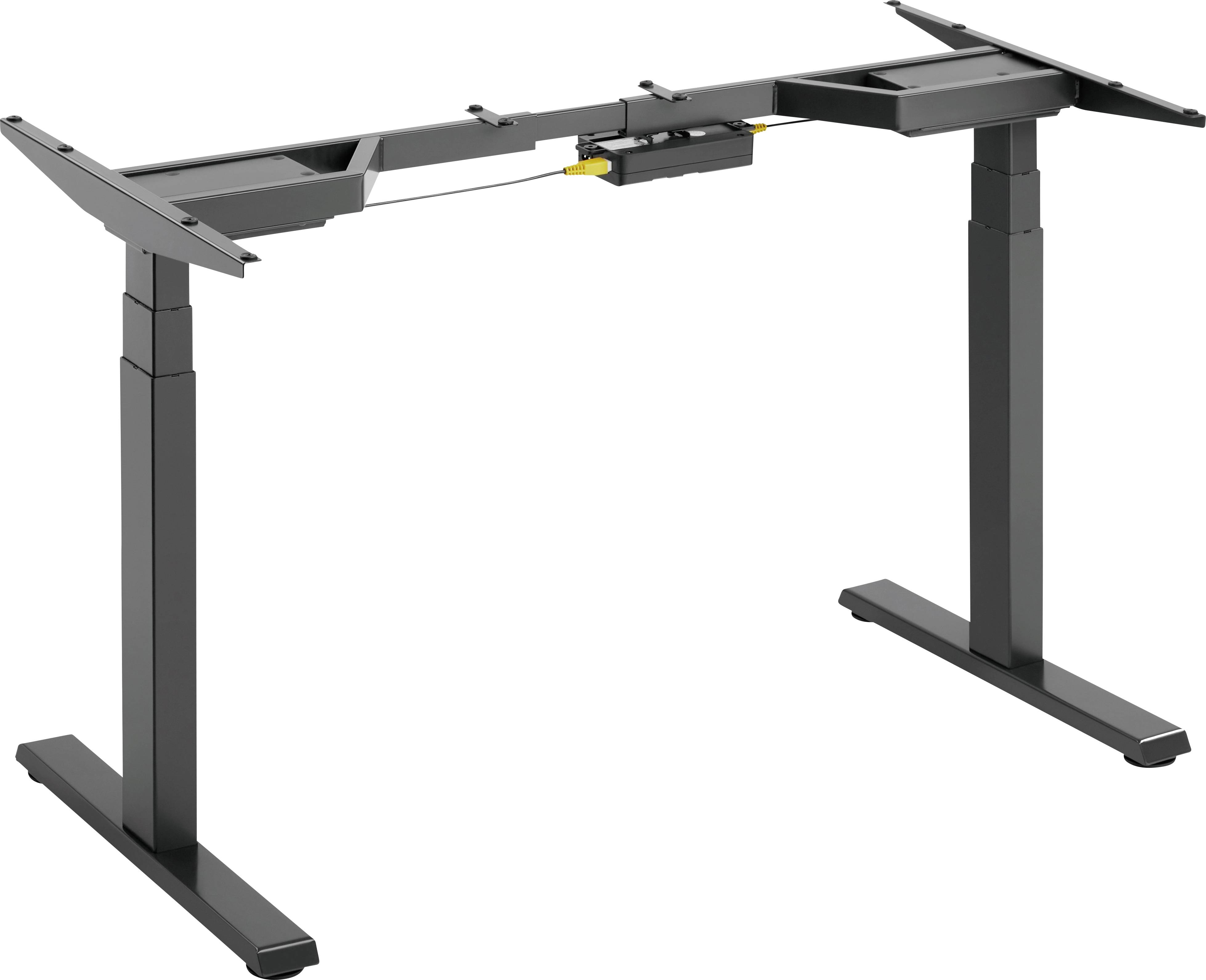 In hoogte verstelbaar tafelonderstel in zwart, met twee motoren, zonder tafelblad. Ideaal voor ergonomische werkplekken op kantoor of thuis.