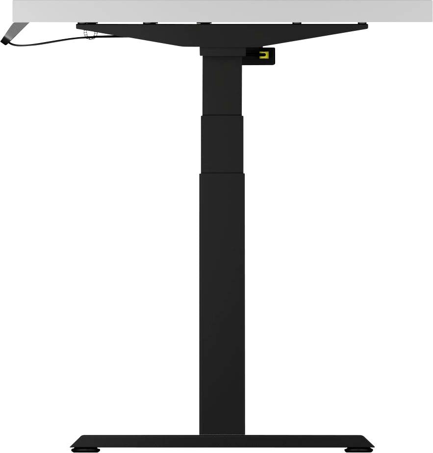 Zwarte in hoogte verstelbare tafel met kabel links, elektrische bediening en rechthoekig tafelblad.