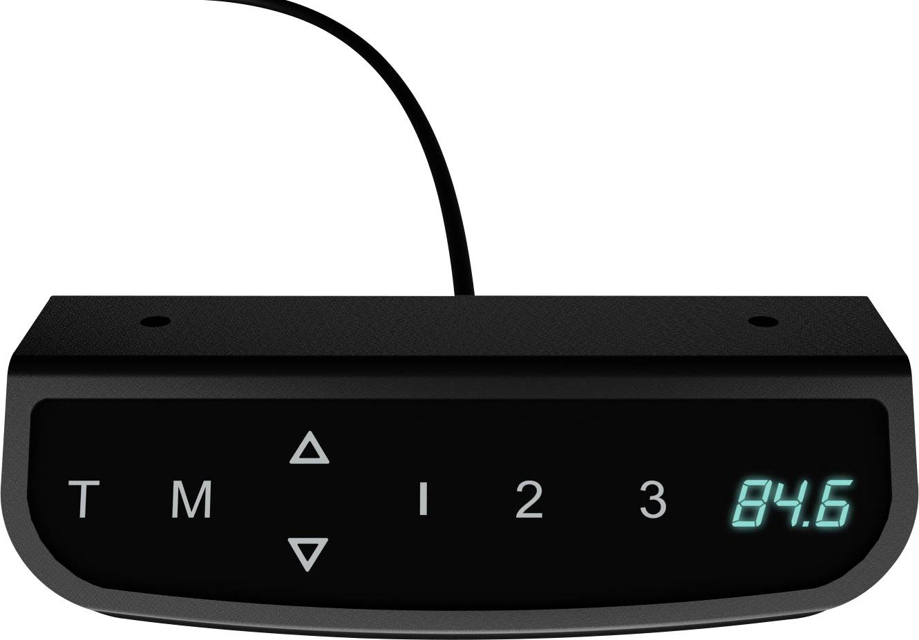 Een digitaal bedieningspaneel met display '84.6' en toetsen T, M, I, 1, 2, pijlen omhoog en omlaag, verbonden met een kabel.