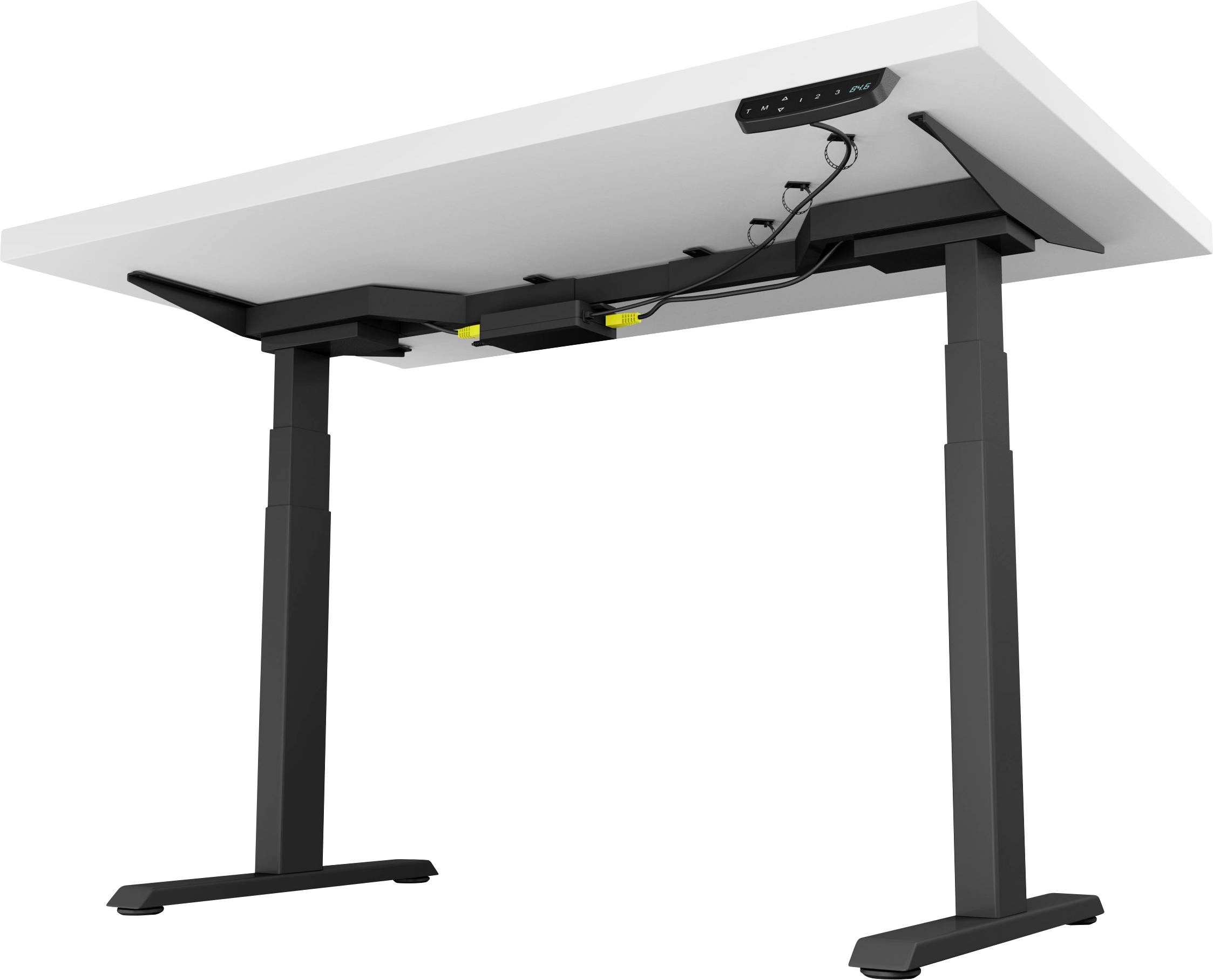 Elektrisch hoogteverstelbaar bureau met zwart frame en wit tafelblad, toont bedieningselementen en kabels eronder.