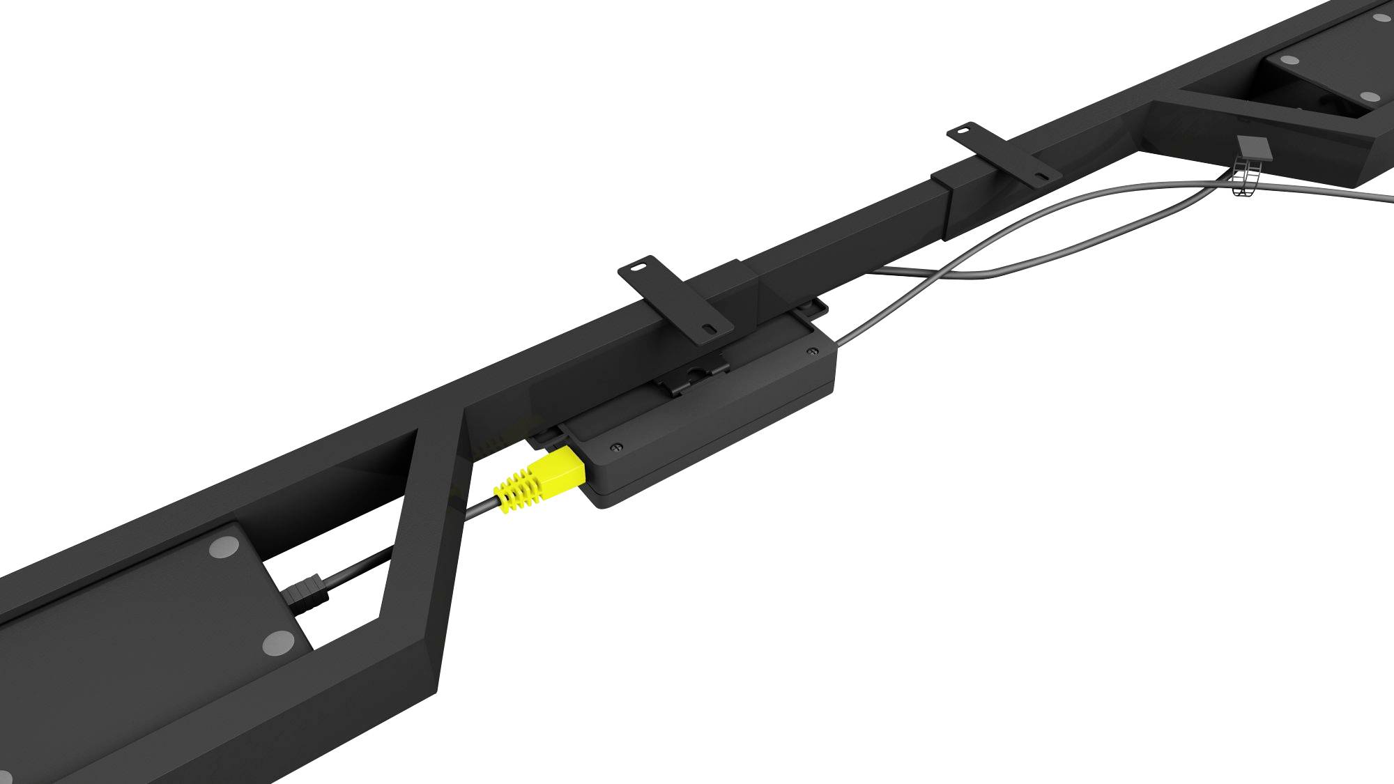 Een zwart metalen frame met kabels en een gele stekker. Het frame bevat bevestigings- en verbindingselementen.
