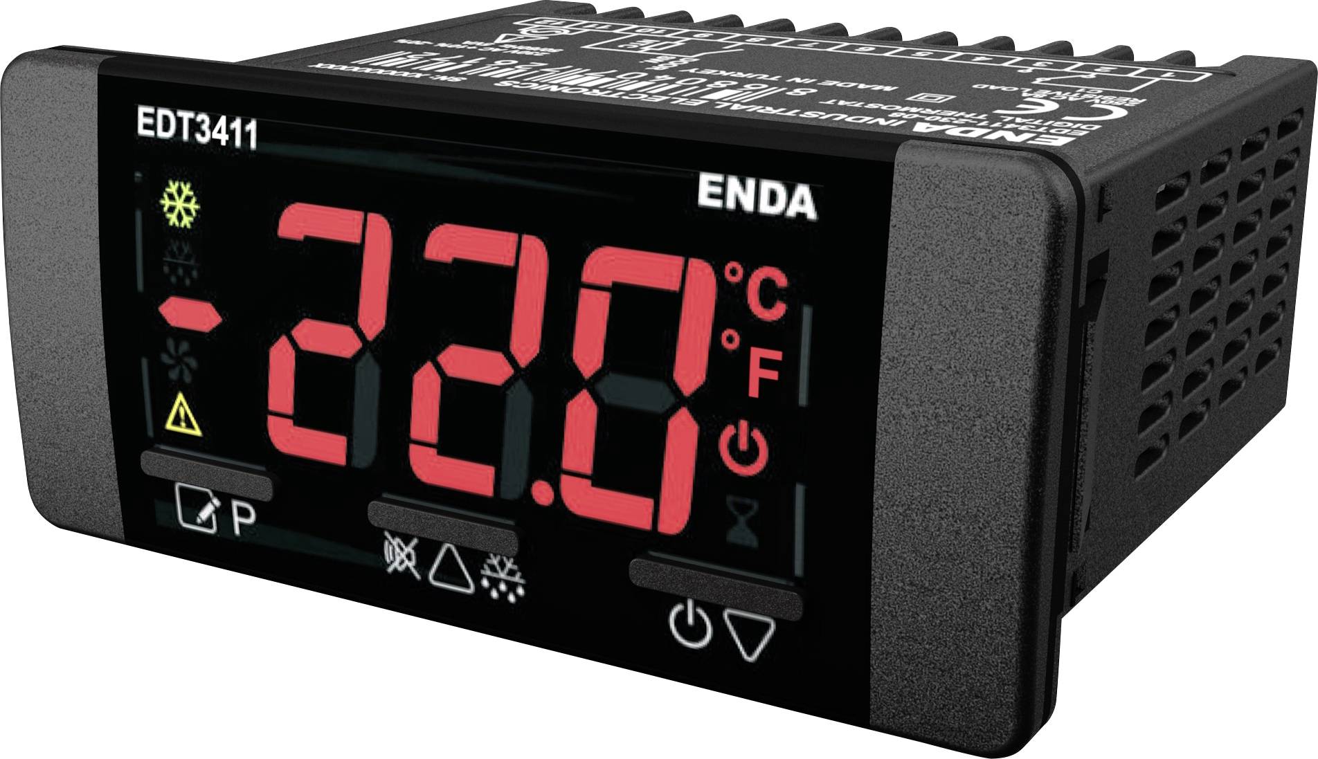 Digitale temperatuurregelaar met rode LED-display toont '-22,0°C'. Symbolen voor koeling, alarm en klok zijn zichtbaar.