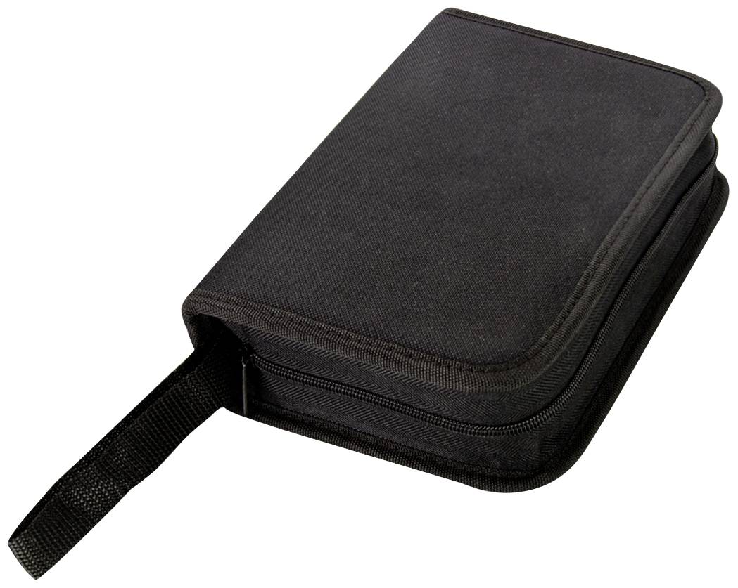 Een zwarte etui met rits en draaglus, geschikt voor het opbergen van kleine voorwerpen of elektronische accessoires.