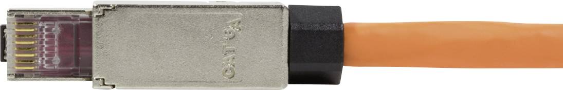 Een oranje netwerkkabel met metalen connector in close-up. Geschikt voor hoogsnelle gegevensoverdracht.