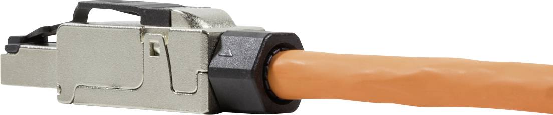 Close-up van een oranje Ethernet-kabel met een zilveren connector, gefotografeerd schuin van links.