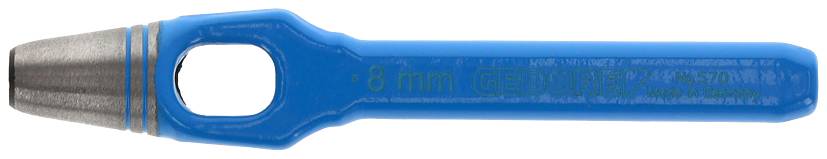 Blauwe 8 mm steekbeitel met metalen punt en ronde greep, geschikt voor leer- en stoffenbewerking.