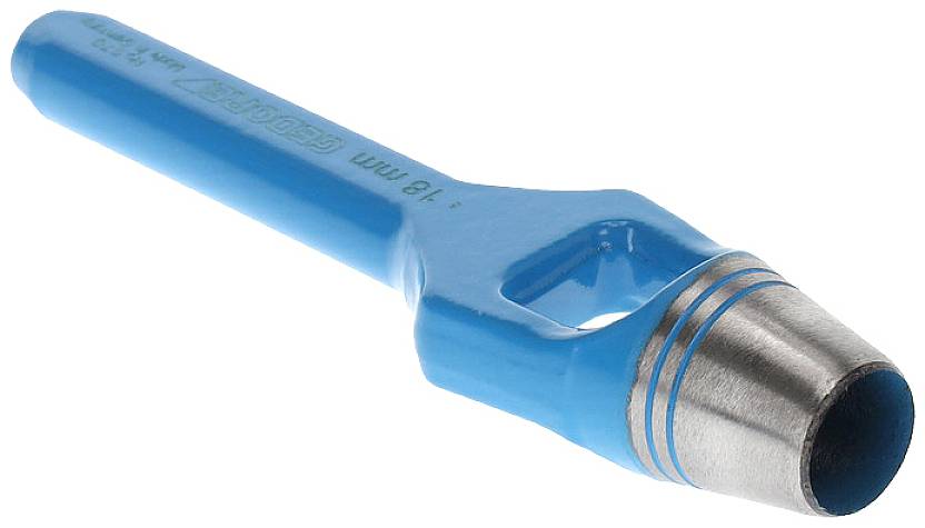 Blauwe holpons met een metalen snijkop en ronde opening, gebruikt voor het nauwkeurig ponsen van materialen.