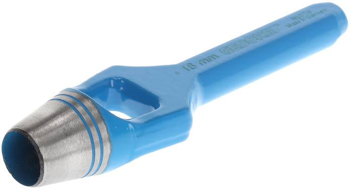 Een blauwe perforator met metalen punt, geschikt voor het maken van gaten in materialen.