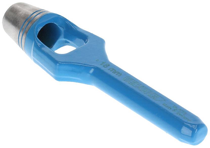 Een blauwe perforator met een metalen punt, vermoedelijk bedoeld voor het maken van ronde gaten in materialen zoals leer of stof.