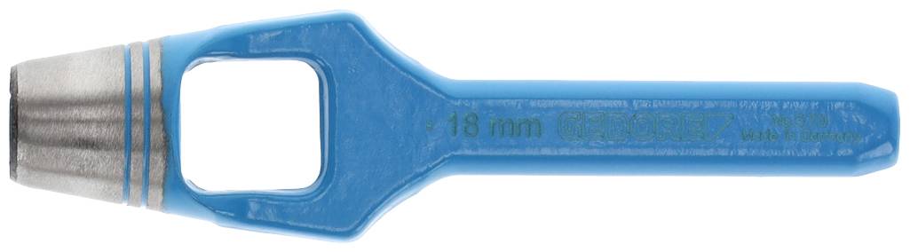 Blauwe kunststof handgreep met metalen dop, gemarkeerd met '18 mm GEDORE', gebruikt voor handgereedschap.