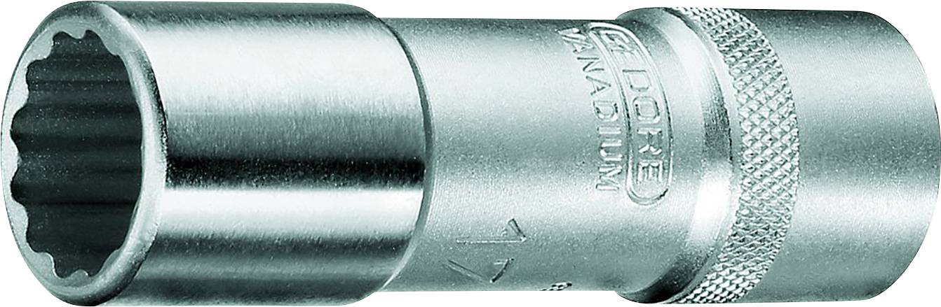 Metalen dopsleutel met profilering en gegraveerde maat, gebruikt voor ratelgereedschappen in de mechanica.