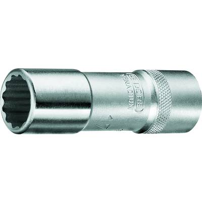 Metalen dopsleutel met profilering en gegraveerde maat, gebruikt voor ratelgereedschappen in de mechanica.