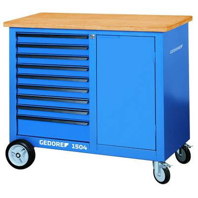 Blauwe gereedschapswagen met zeven laden en een deur, op wielen, robuuste constructie.