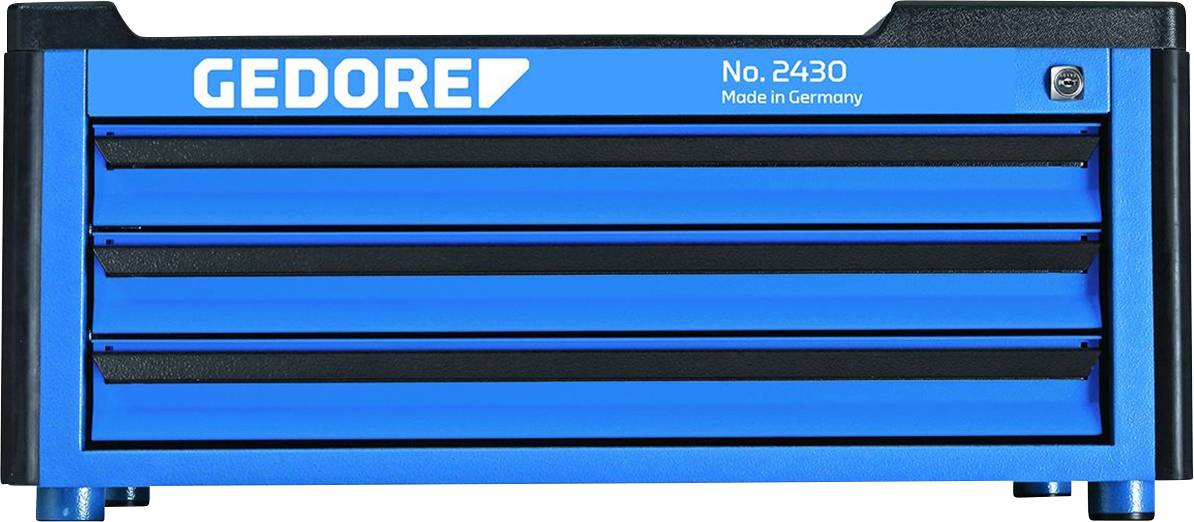 Blauwe gereedschapskist met drie laden, opschrift 'GEDORE No. 2430 Made in Germany'.