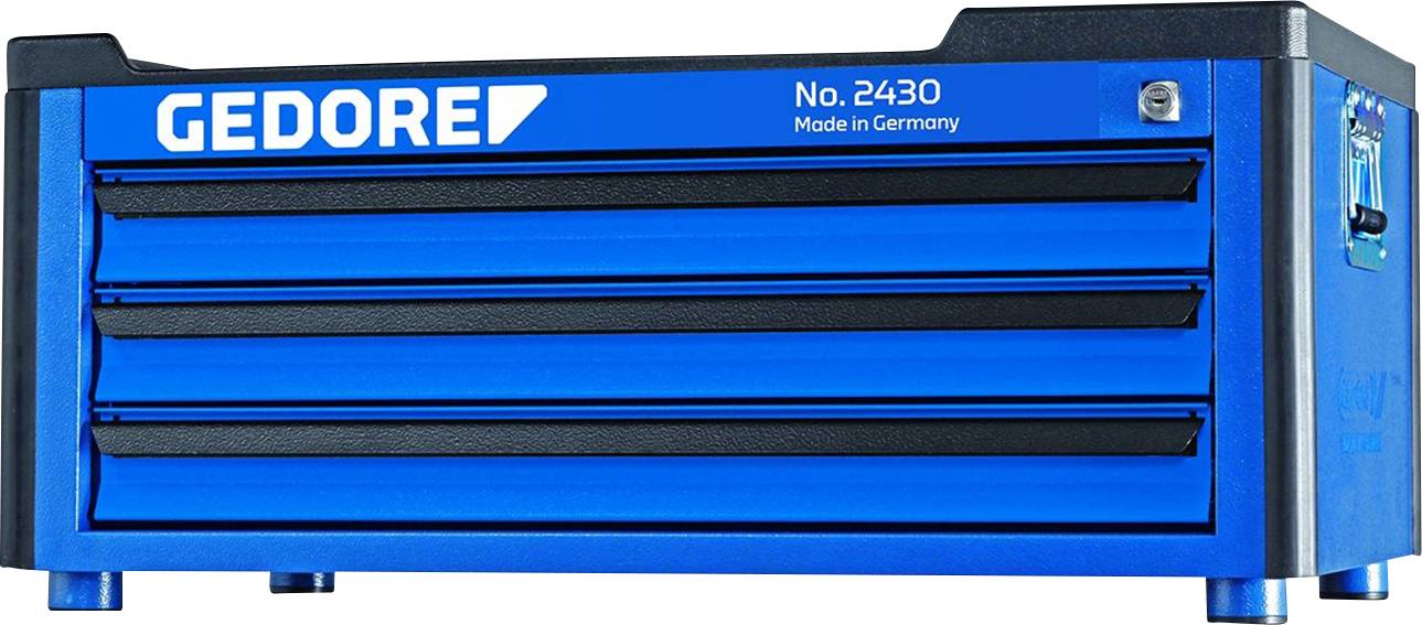 GEDORE gereedschapskist, model nr. 2430, blauw met drie laden en 'Made in Germany'-opschrift, robuust ontwerp.