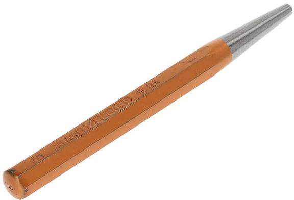 Een oranje metalen pen met een scherpe punt, waarop 'Orange England 3/16' is gegraveerd. Hij wordt gebruikt voor het markeren.