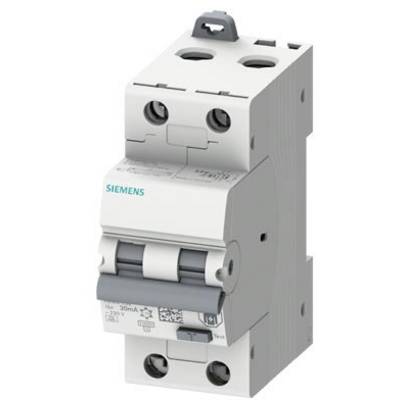 Een grijze Siemens-beveiligingsschakelaar met twee schakelstanden, monteerbaar op DIN-rail, voor elektrische veiligheid in schakelkasten.
