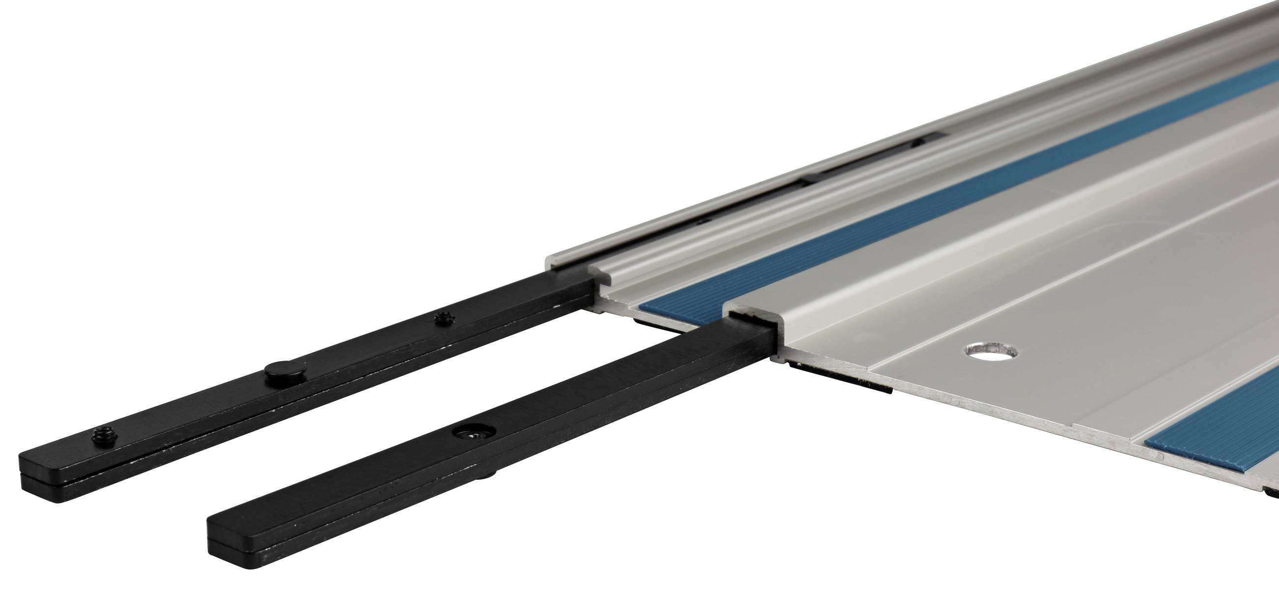 Een zilveren metalen snijgereedschap met blauwe accenten en twee zwarte geleiderails, waarschijnlijk bedoeld voor precisiegesneden.