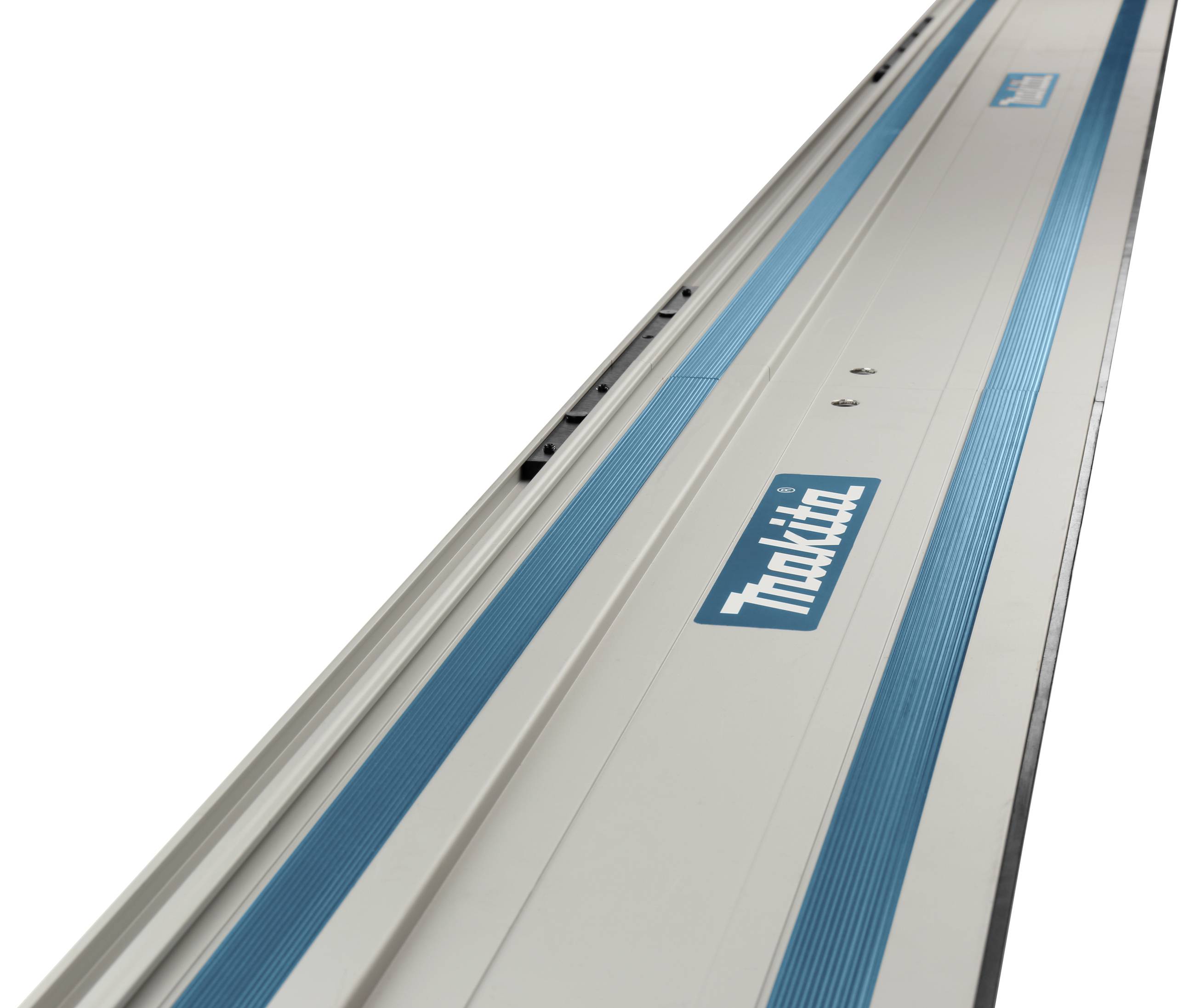 Langsgeleiderail in wit met blauwe strepen en het logo van een gereedschapsmerk, gebruikt voor nauwkeurige geleiding van zagen.
