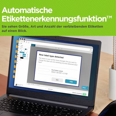 "Automatische labelherkenningsfunctie™" op laptopscherm, toont een pop-up voor het herkennen van nieuwe labels tijdens bureaubladwerkzaamheden.