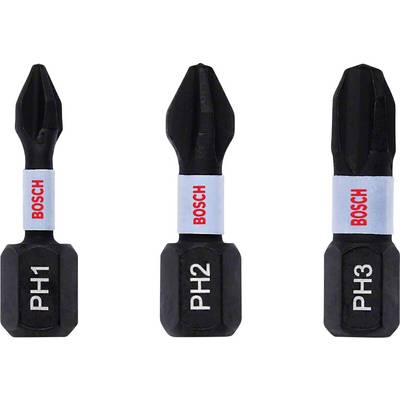 Drie zwarte kruiskop bits met blauwe etiketten en rood 'Bosch' logo. Gemerkt met 'PH1', 'PH2' en 'PH3' voor verschillende maten.