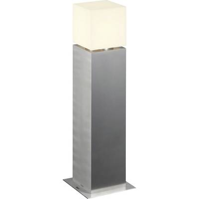 Metalen vloerlamp met een vierkante, witte lichtbron op een hoge, rechthoekige voet. Modern design.