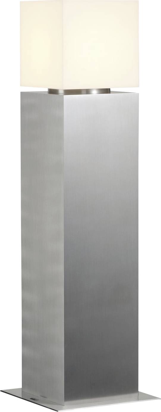 Een moderne tafellamp met een vierkante, witte kap op een hoge, rechthoekige metalen voet, die eenvoudige elegantie uitstraalt.