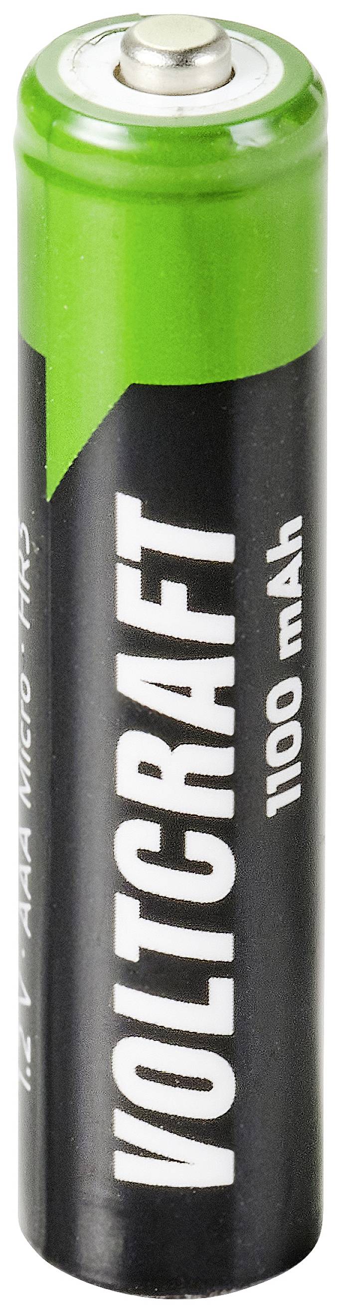 Groene en zwarte AAA-batterij met het opschrift 'Voltcraft' en '1100 mAh', rechtop staand, geschikt voor elektrische apparaten.