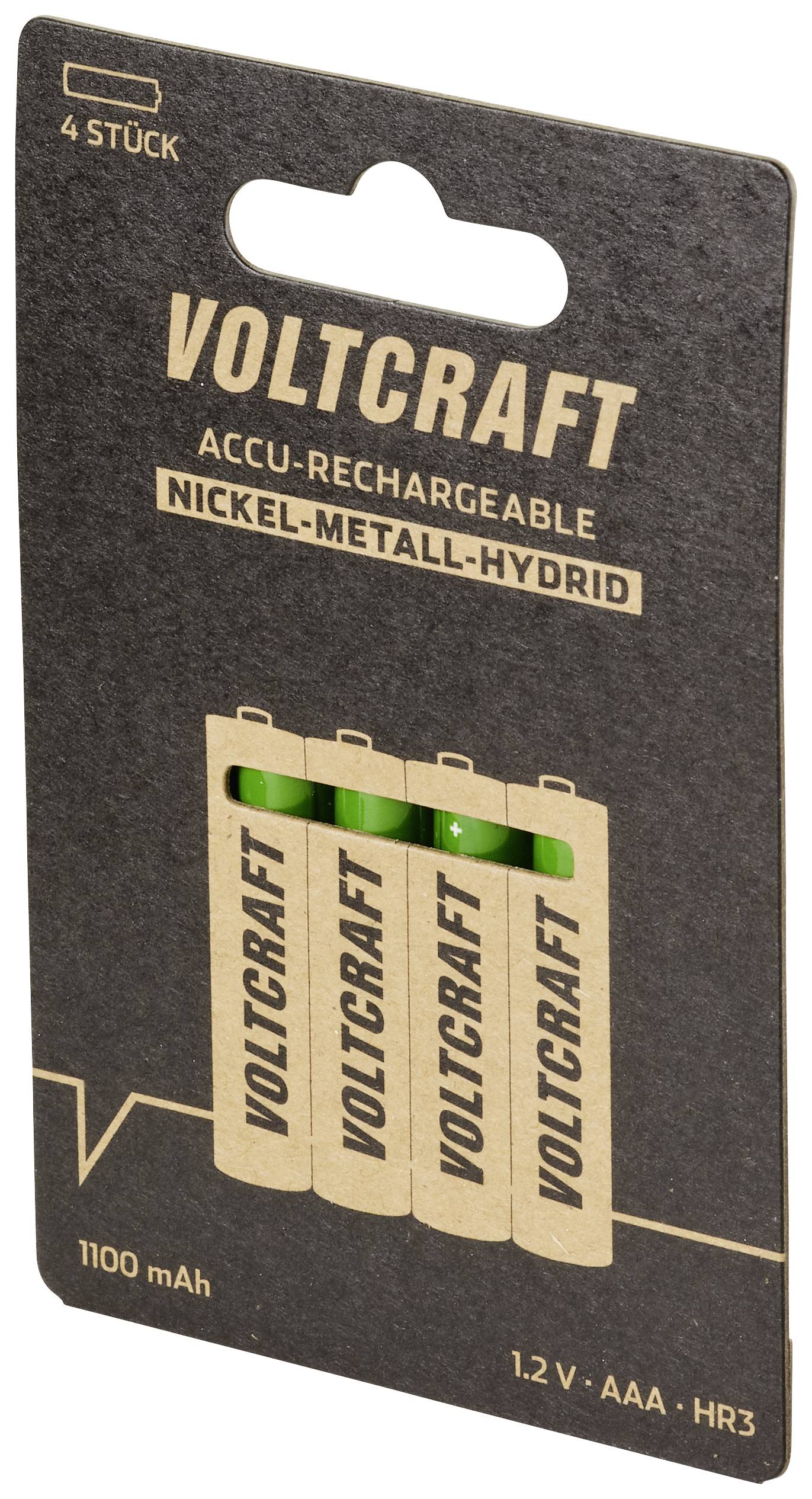 Verpakking met vier oplaadbare AAA-batterijen van Voltcraft. Nikkel-metaalhydride, 1100 mAh, 1,2 V.