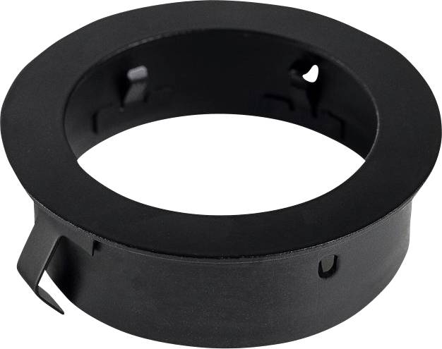 Een zwarte, ronde adaptering met clip-mechanismen aan de zijkanten, vermoedelijk bedoeld voor montage of bevestiging in een technisch apparaat.
