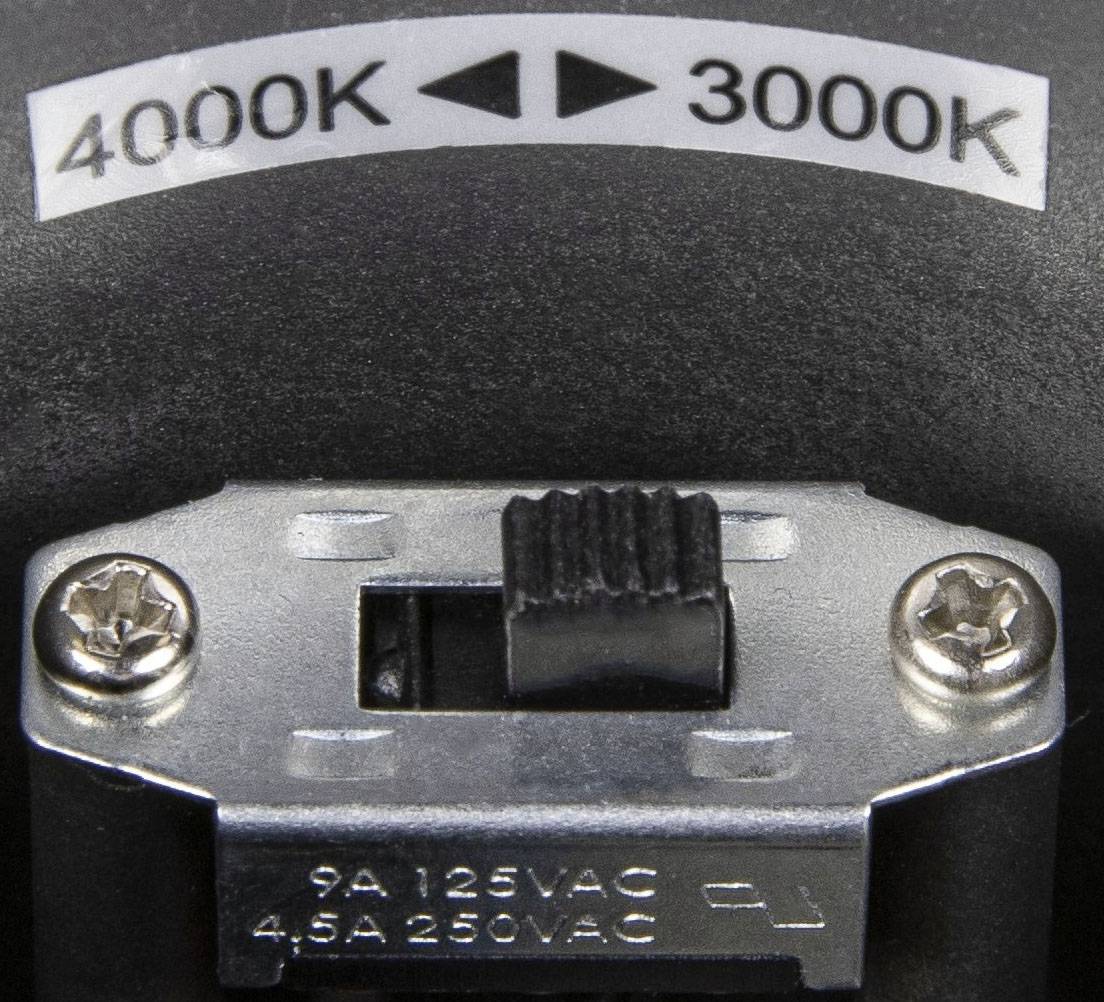Schakelaar met markeringen '4000K' en '3000K' erboven. Indicator toont de mogelijkheid tot kleurtemperatuurwijziging van een lichtbron.