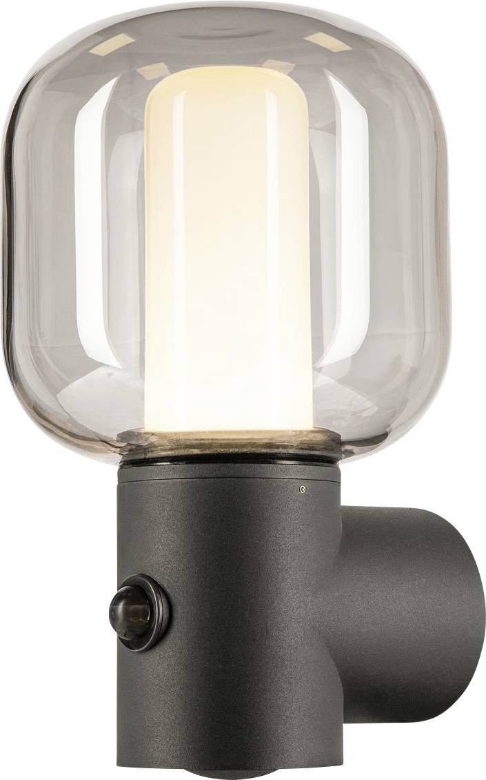 Wandlamp met een transparante, gewelfde glazen kap; daaronder een helder verlichtingselement in een matzwarte behuizing.