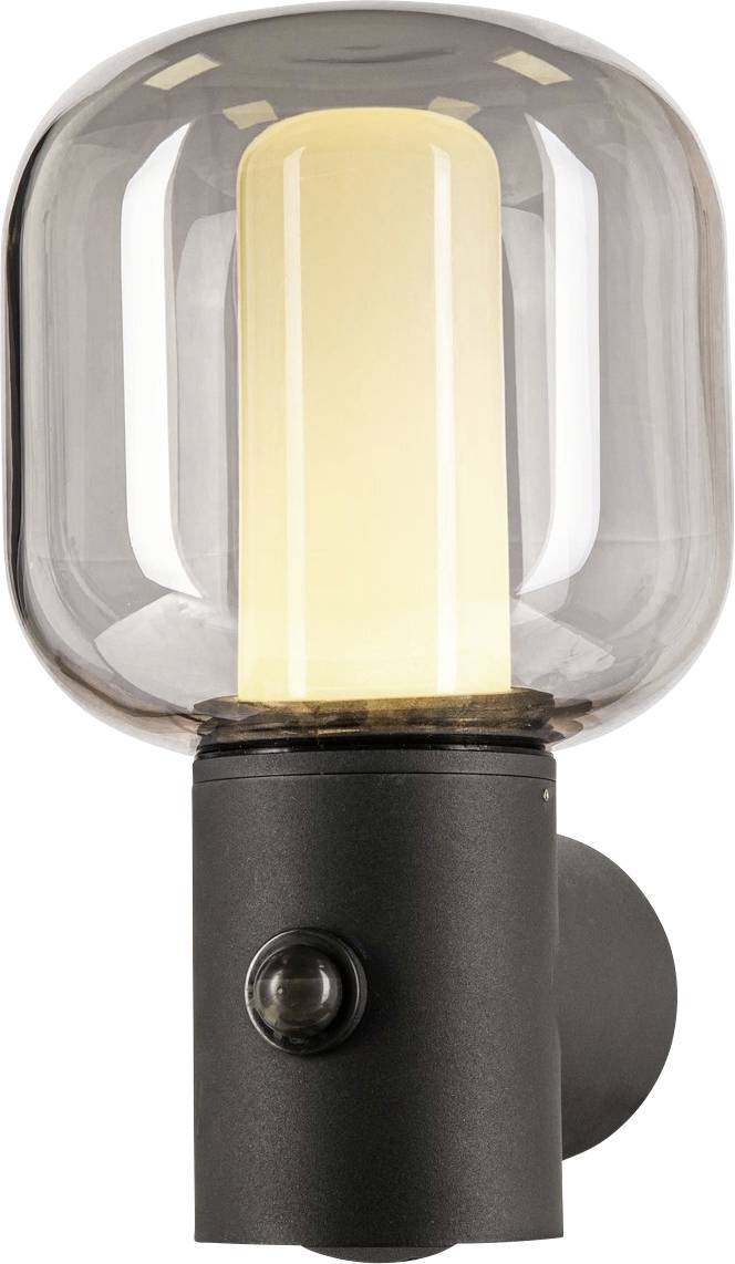 Wandlamp met rookgrijs glas en zwarte voet, verspreidt warm licht vanuit een verticale buis.