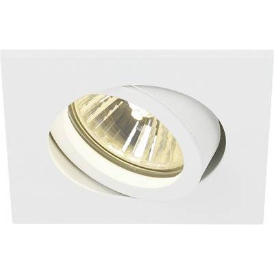 Vierkante plafondlamp met draaibare, ronde schijnwerper die warm licht uitstraalt. Modern design, witte behuizing.