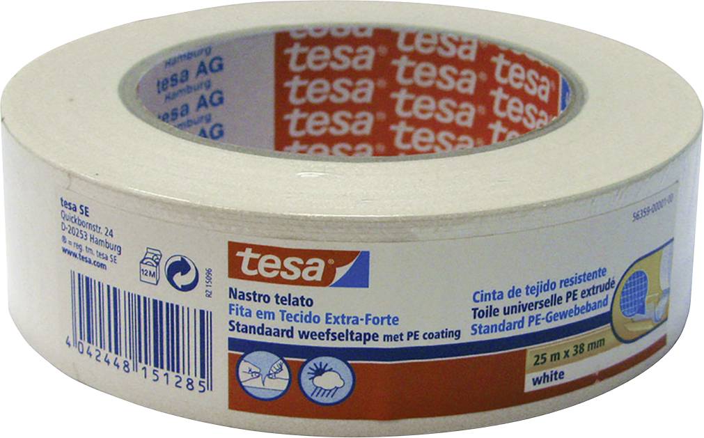 'Een rol wit textieltape met rode opdruk van het merk tesa. Beschrijvingen in meerdere talen op de verpakking.'