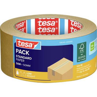 Een rol Tesa pack standaard papieren tape, 50 meter lang en 50 mm breed, met FSC-certificeringslabel, wat wijst op laag gewicht.
