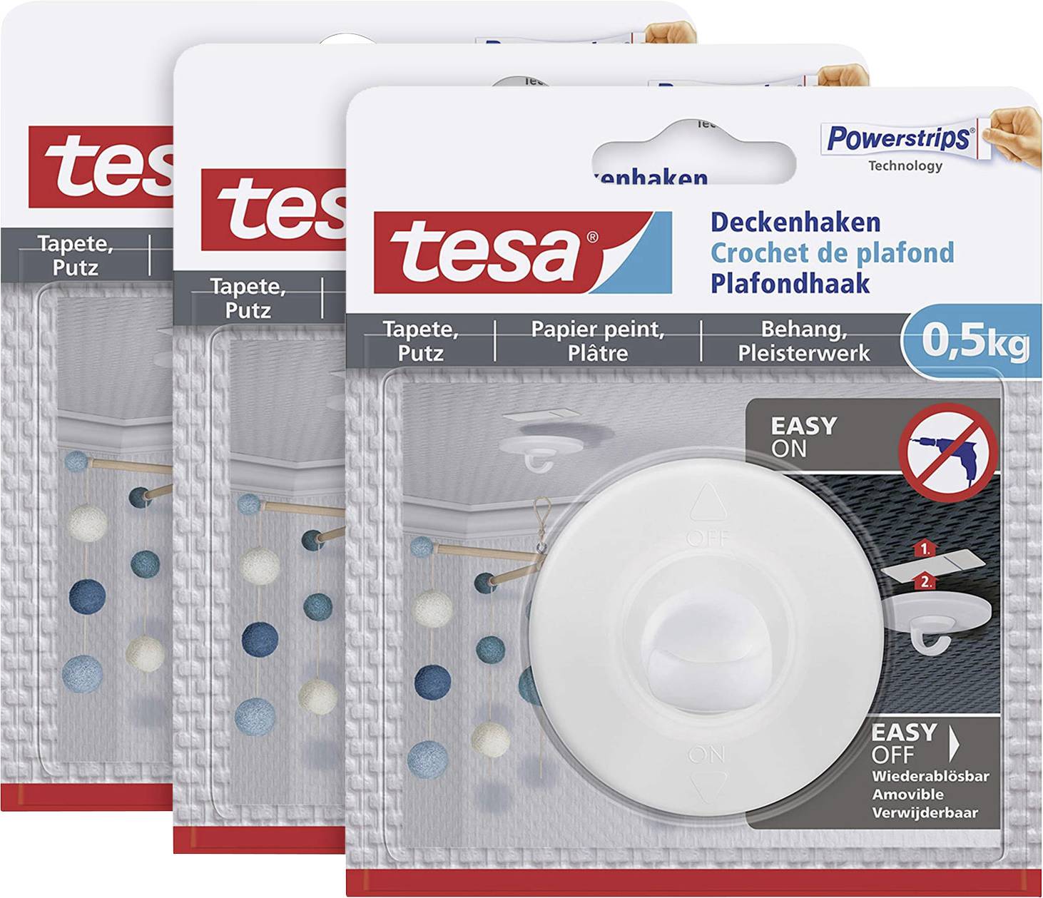'Drie verpakkingen tesa Powerstrips plafondhaakjes, elk geschikt voor 0,5 kg. Geschikt voor behang, pleisterwerk, gemakkelijk te verwijderen.'