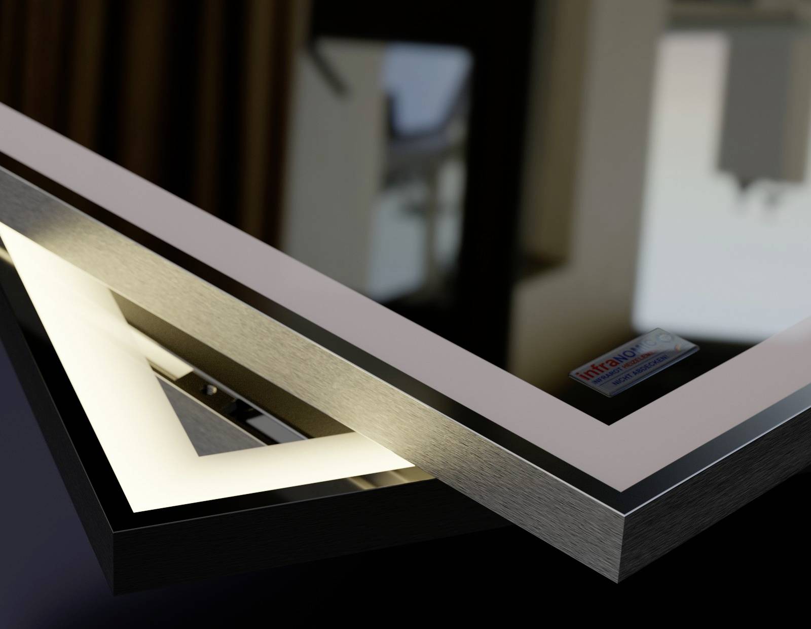Close-up van twee overlappende, verlichte rechthoekige frames met een modern design die een stijlvolle sfeer creëren.