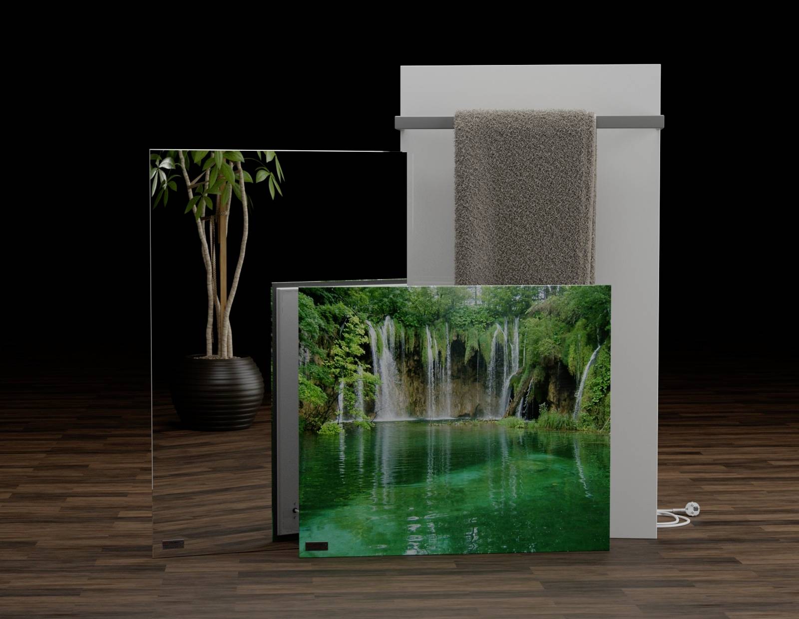Een ingelijste afbeelding van een waterval voor groene planten staat op een houten vloer, met op de achtergrond een plant in een pot.