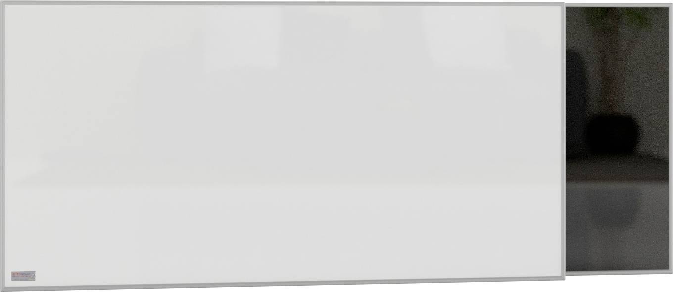 'LED-LINE Spiegelverwarming verlicht' toont een verlichte spiegel voor een donkere achtergrond, die een stijlvolle woonkamer weerspiegelt.