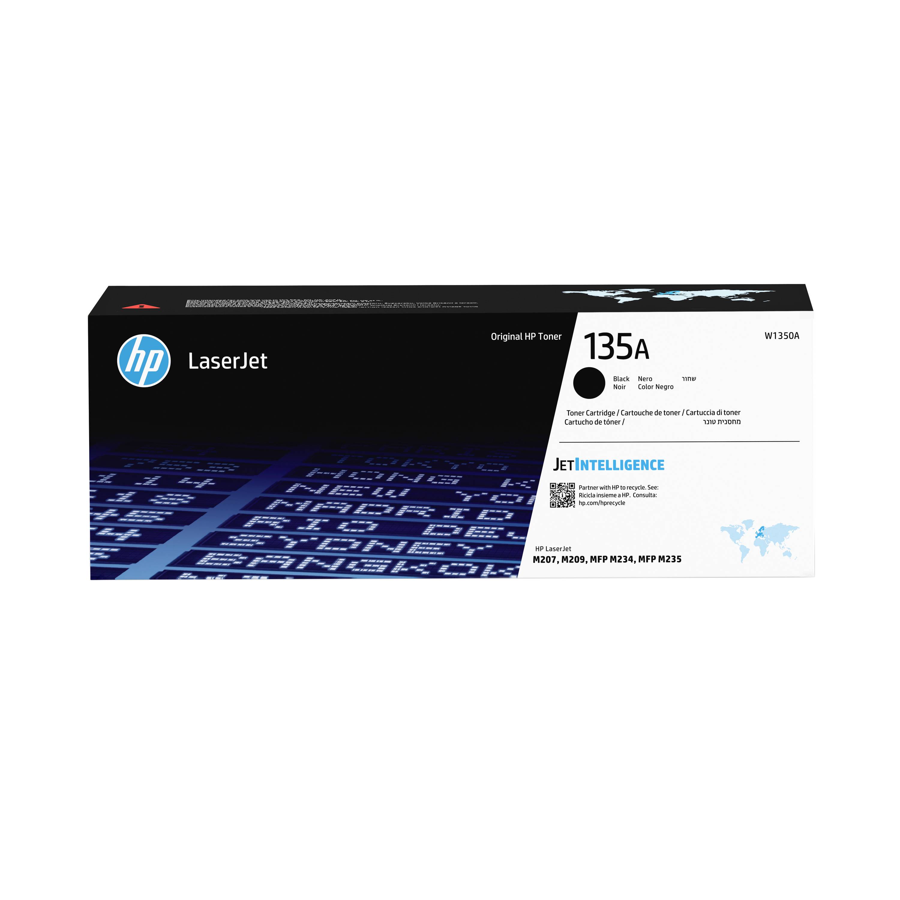 HP LaserJet 135A zwarte tonercartridge doos met productlabeling en blauw circuitpatroonontwerp.