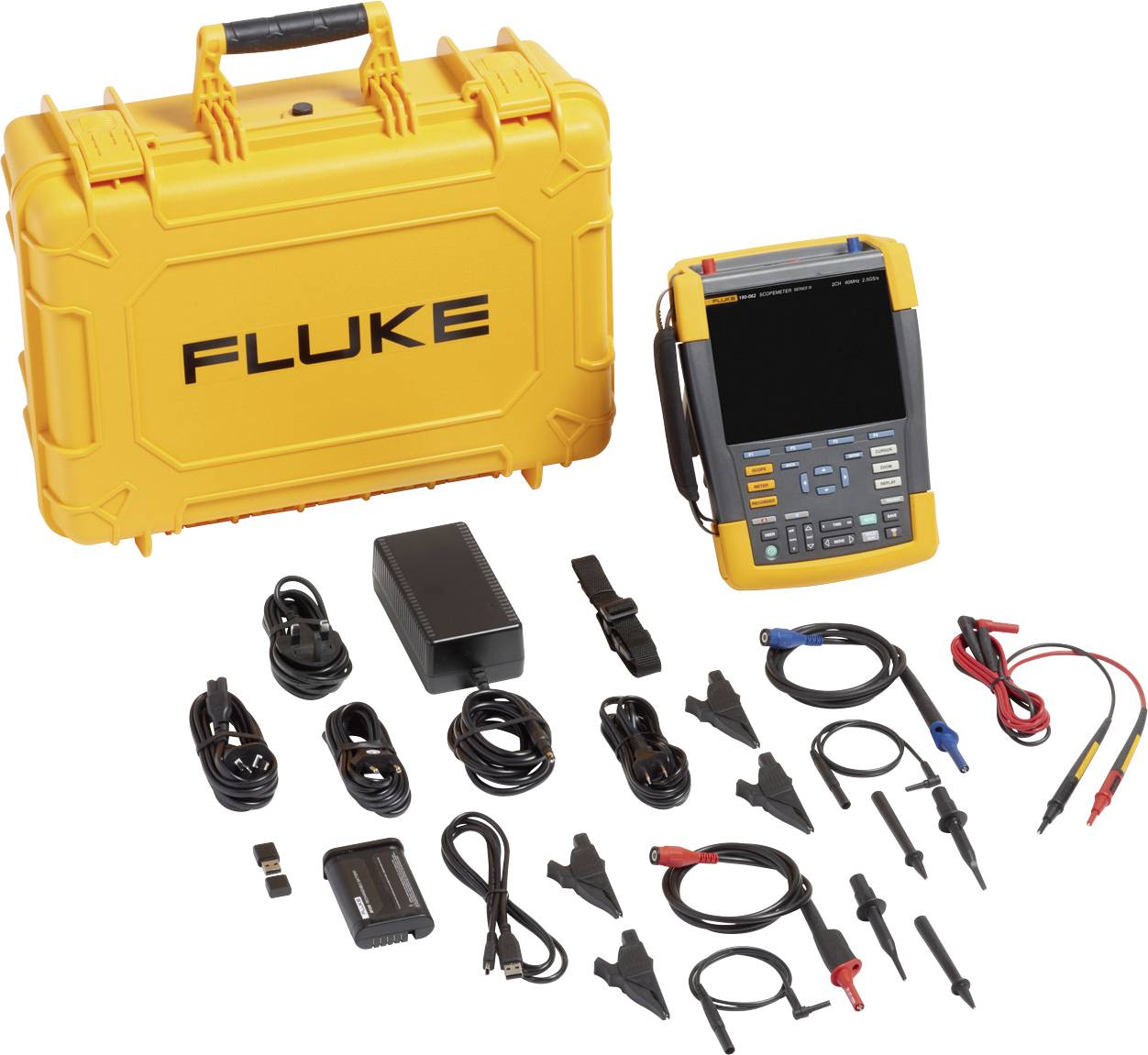 Draagbare elektrische meetapparatuurkoffer, meetinstrument met scherm en toebehoren zoals kabels en sensoren op witte achtergrond.